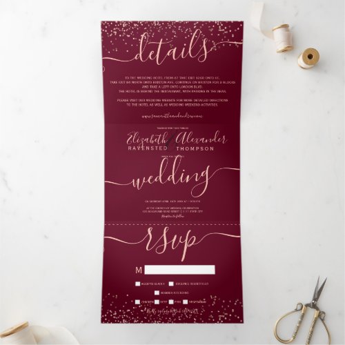 Rose gold glitter confetti red burgundy wedding Tri_Fold invitation