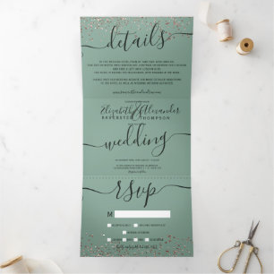 Rose gold glitter confetti sage green chic wedding Tri-Fold invitation