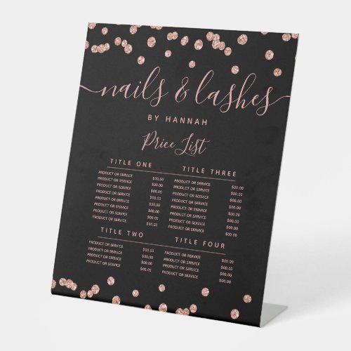 Rose Gold Glitter Confetti Salon Price Menu Black  Pedestal Sign