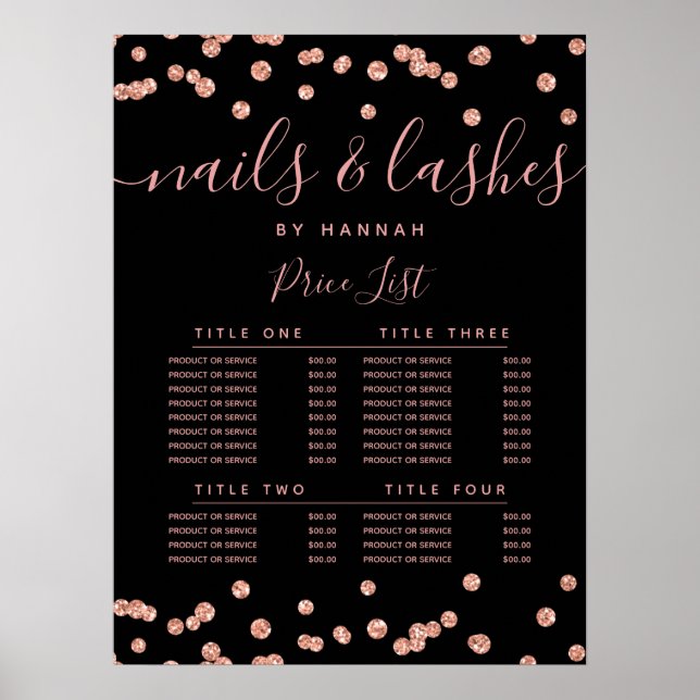 Rose Gold Glitter Confetti Salon Price Menu Black  Poster (Front)