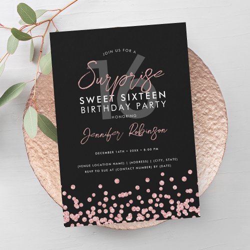 Rose Gold Glitter Confetti Surprise Sweet 16  Invitation