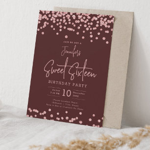 Rose Gold Glitter Confetti Sweet 16 Burgundy Invitation