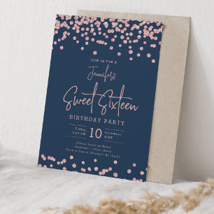 Rose Gold Glitter Confetti Sweet 16 Navy Blue Invitation