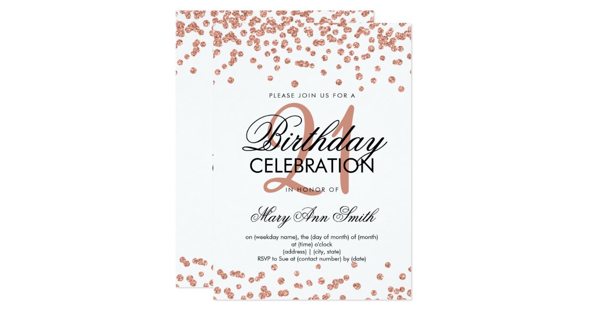 Rose Gold Glitter Confetti White 21st Birthday Invitation Zazzle Com