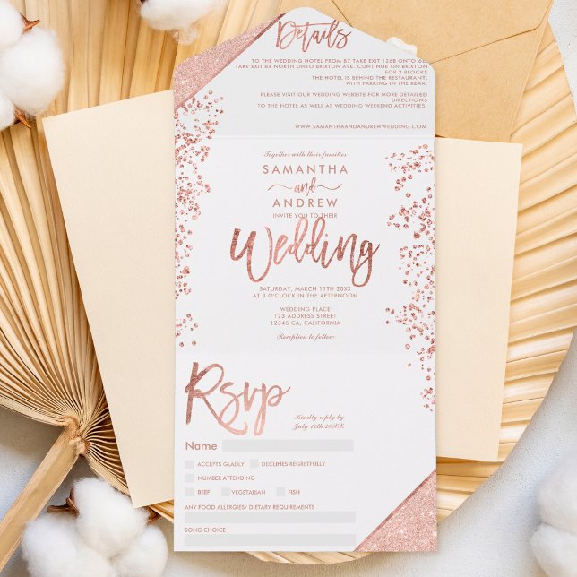 Rose gold glitter confetti white chic wedding all in one invitation