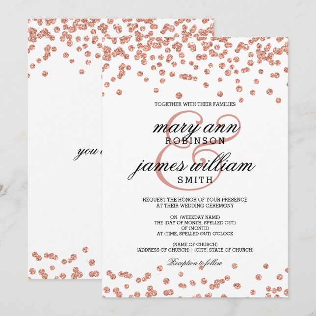 Rose Gold Glitter Confetti White Elegant Wedding Invitation (Front/Back)