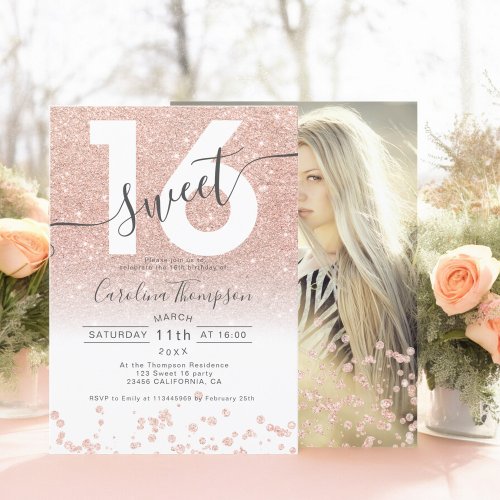 Rose gold glitter confetti white Sweet 16 photo Invitation