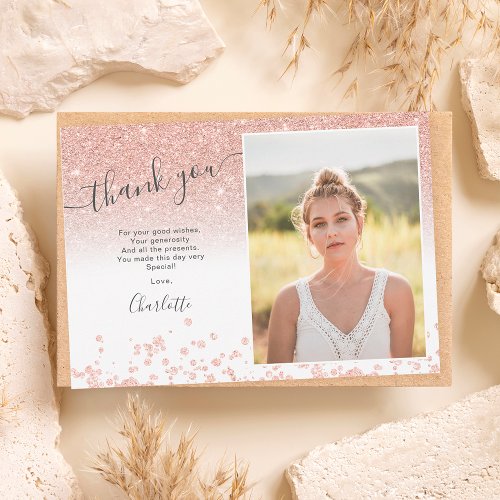 Rose gold glitter confetti white Sweet 16 photo  Thank You Card