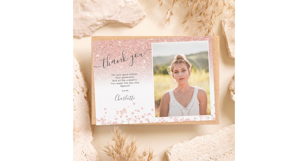 Rose gold glitter confetti white Sweet 16 photo Thank You Card | Zazzle