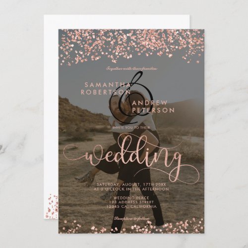 Rose gold glitter confetti white wedding 2 photo invitation