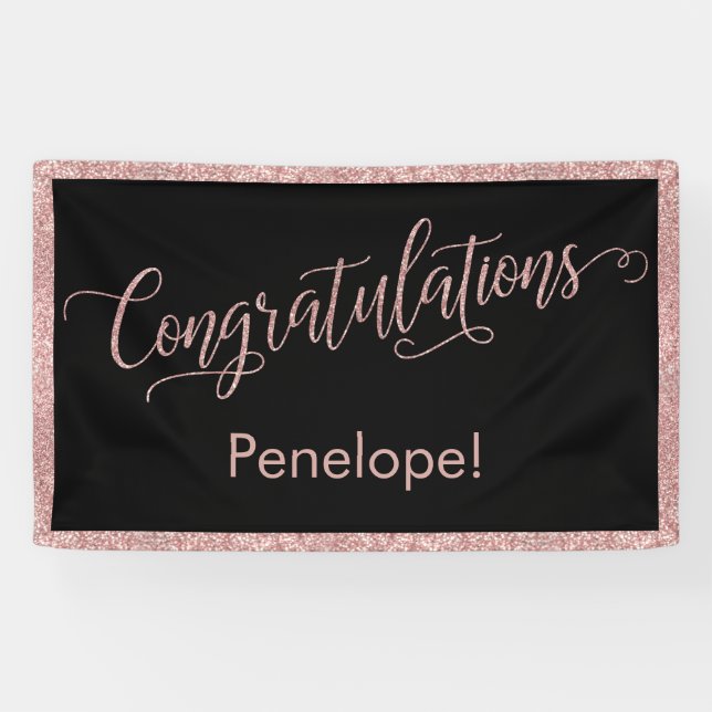 Rose Gold Glitter Congratulations Typography Black Banner (Horizontal)