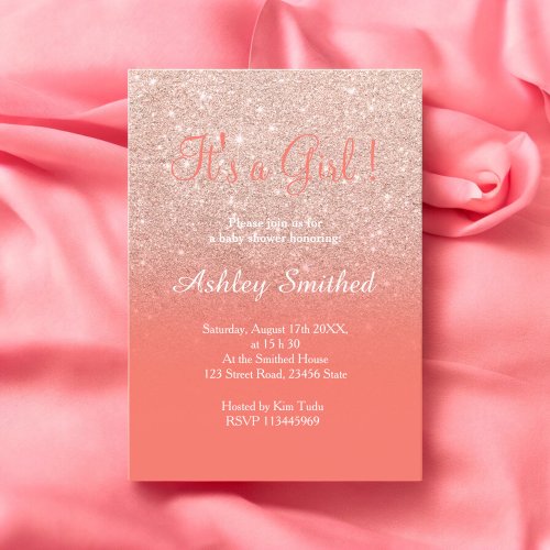 Rose gold glitter coral ombre girl baby shower invitation