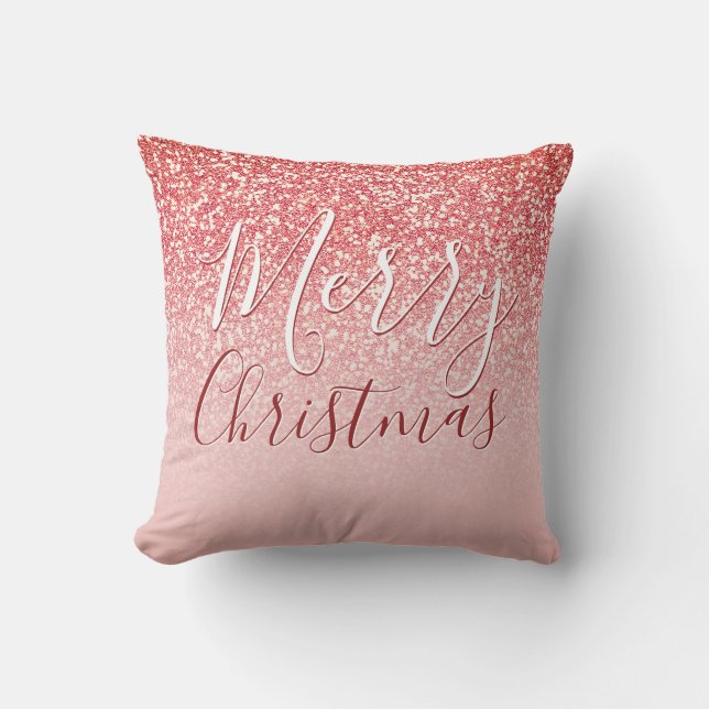 Rose Gold Glitter Coral Ombre Merry Christmas Throw Pillow (Front)
