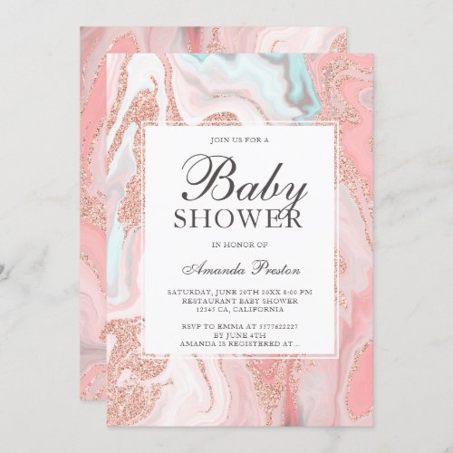 Rose gold glitter coral pink marble baby shower invitation
