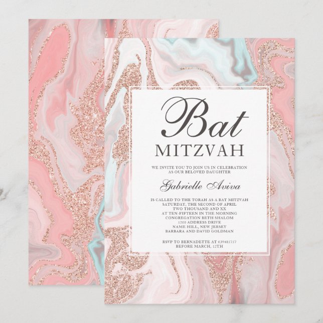 Rose gold glitter coral pink marble bat Mitzvah Invitation (Front/Back)