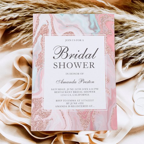Rose gold glitter coral pink marble bridal shower invitation
