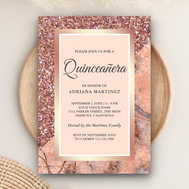 Rose Gold Glitter Coral Pink Marble Quinceanera Invitation (Creator Uploaded)