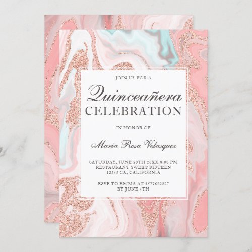 Rose gold glitter coral pink marble Quinceanera Invitation