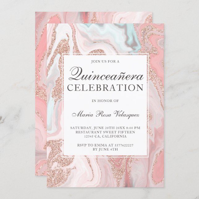 Rose gold glitter coral pink marble Quinceanera Invitation (Front/Back)