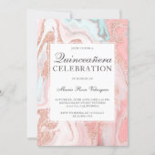 Rose gold glitter coral pink marble Quinceanera Invitation (Front)