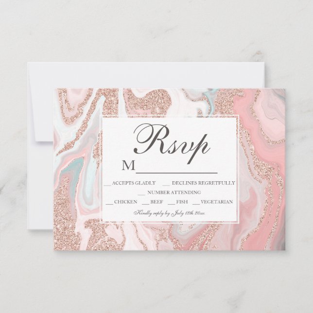 Rose gold glitter coral pink marble sweet 16 RSVP (Front)