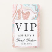 Rose gold glitter coral pink marble sweet 16 VIP Badge (Front)