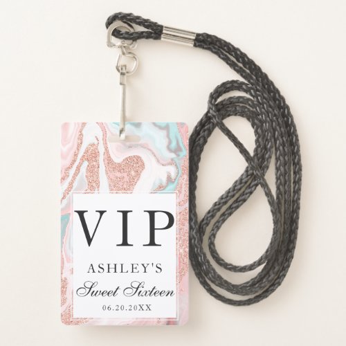Rose gold glitter coral pink marble sweet 16 VIP Badge