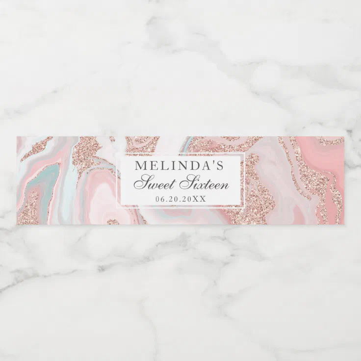 Rose gold glitter coral pink marble sweet 16 water bottle label | Zazzle