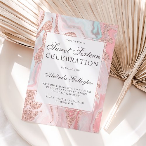 Rose gold glitter coral pink marble sweet sixteen invitation