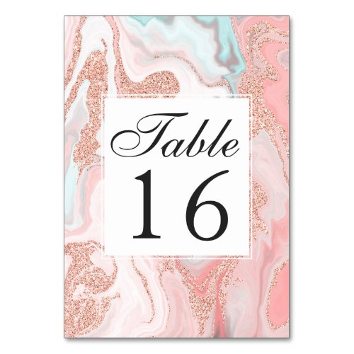 Rose gold glitter coral pink marble sweet sixteen table number