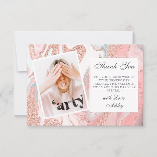 Rose gold glitter coral pink marble sweet sixteen thank you card