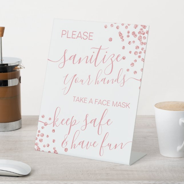 Rose Gold Glitter Covid Safety Sanitize & Mask  Pedestal Sign (In SItu)