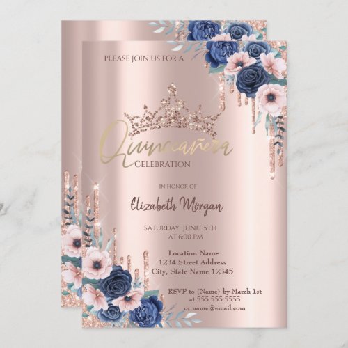  Rose Gold Glitter Crown Drop Roses Quinceaera   Invitation