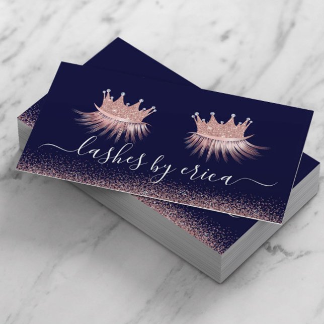 Rose Gold Glitter Crown Eyelash Diva Navy Salon  Business Card (Creator Uploaded)