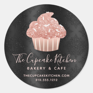 Rose Gold Glitter Cupcake Bakery Chef Black Damask Classic Round Sticker