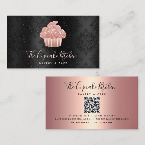 Rose Gold Glitter Cupcake QR Code Bakery on Black Business Card