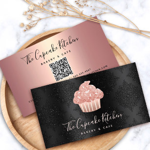 Rose Gold Glitter Cupcake QR Code Bakery on Black Business Card