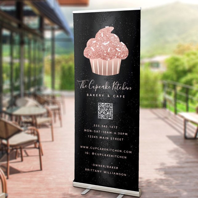 Rose Gold Glitter Cupcake QR Code on Black Bakery Retractable Banner (Creator Uploaded)