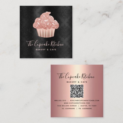 Rose Gold Glitter Cupcake QR Code on Black Bakery Square Business Card