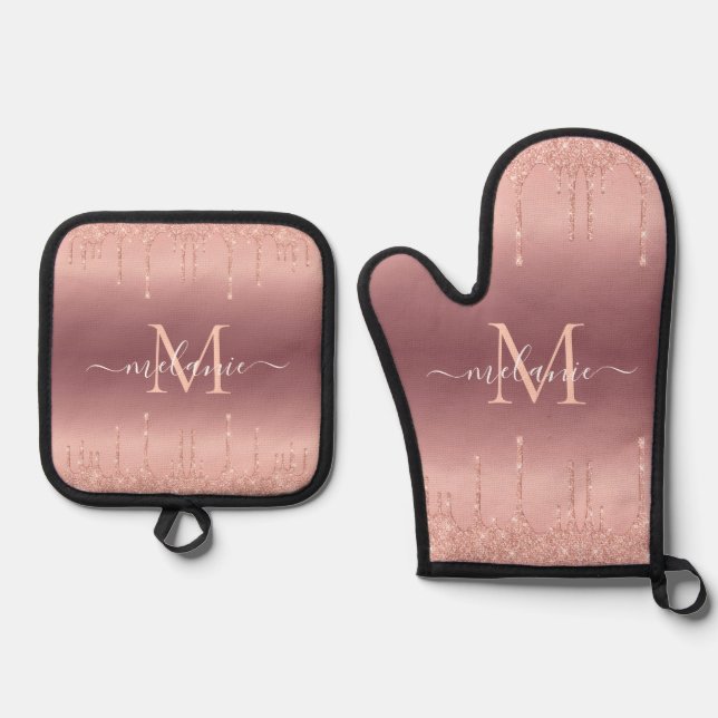 Rose Gold Glitter Custom Letter Name Personalized Oven Mitt & Pot Holder Set (Front)
