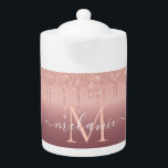 Rose Gold Glitter Custom Letter Name Teapot<br><div class="desc">Teapots with Monogram Name Text Rose Gold Blush Glitter Sparkle Personalized Anniversary - Party or Wedding Gifts / Supplies - Add Your Letter / Name - Text or Remove - Make Your Special Teapot Gift - Resize and move or remove and add text / elements with customization tool. Design by...</div>