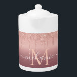 Rose Gold Glitter Custom Letter Name Teapot<br><div class="desc">Teapots with Monogram Name Text Rose Gold Blush Glitter Sparkle Personalized Anniversary - Party or Wedding Gifts / Supplies - Add Your Letter / Name - Text or Remove - Make Your Special Teapot Gift - Resize and move or remove and add text / elements with customization tool. Design by...</div>