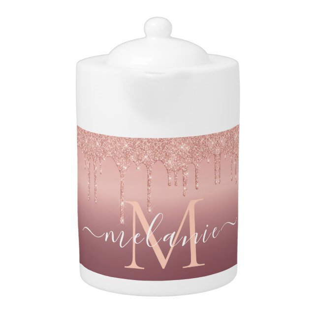 Rose Gold Glitter Custom Letter Name Teapot (Front)