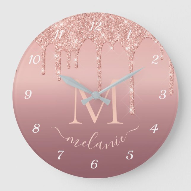 Rose Gold Glitter Custom Letter Name Wall Clock (Front)
