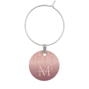 Rose Gold Glitter Custom Letter Name Wine Charms