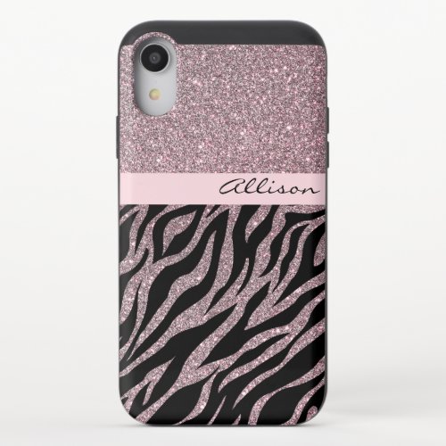 Rose Gold Glitter Custom Name Beauty Zebra Print iPhone XR Slider Case