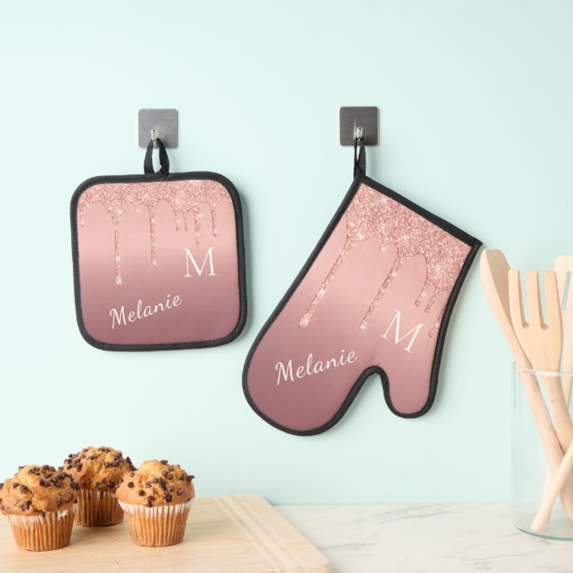 Rose Gold Glitter Custom Name Letter Personalized Oven Mitt & Pot Holder Set (Insitu(Hanging))