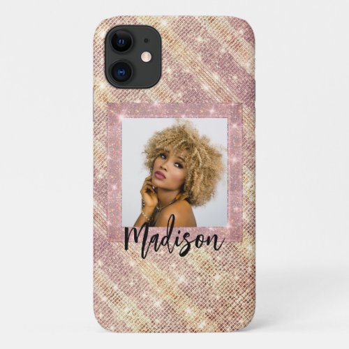 Rose Gold Glitter Custom Photo  Name Stylish Pink iPhone 11 Case
