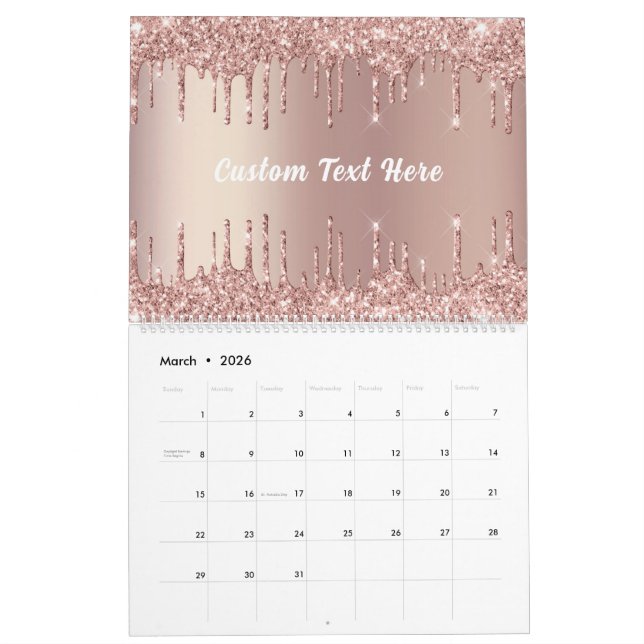 Rose Gold Glitter Custom Text Calendar Your Gift (Mar 2026)