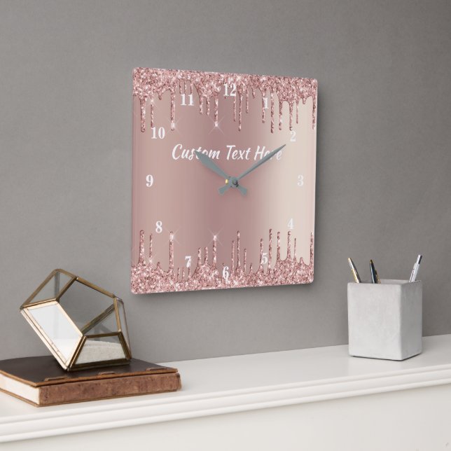 Rose Gold Glitter Custom Text Clock Personalized (Office)
